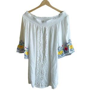 Blue Island Tunic Top Womens L Embroidered Floral Off Shoulder Smocking Boho
